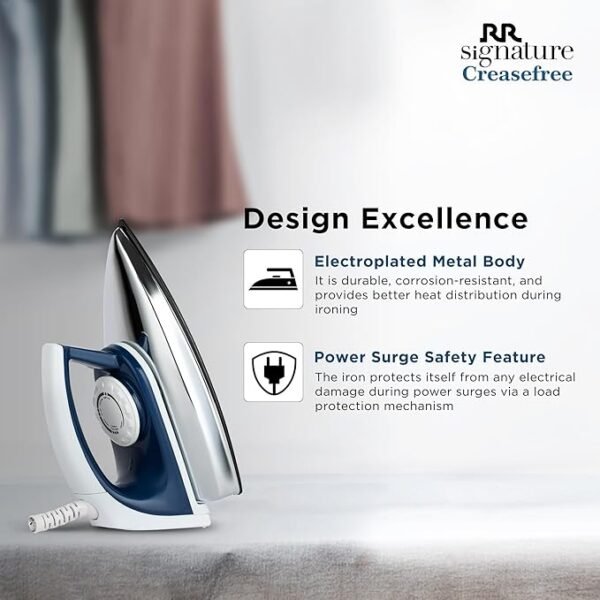 RR Signature Crease free 800-Watt Dry Iron | Electroplated Metal Body | Thermal Overload Protection | Variable Temperature Control | 360° Swivel Cord | Weil Burger Teflon Coating | 2 Years Manufacturing Warranty