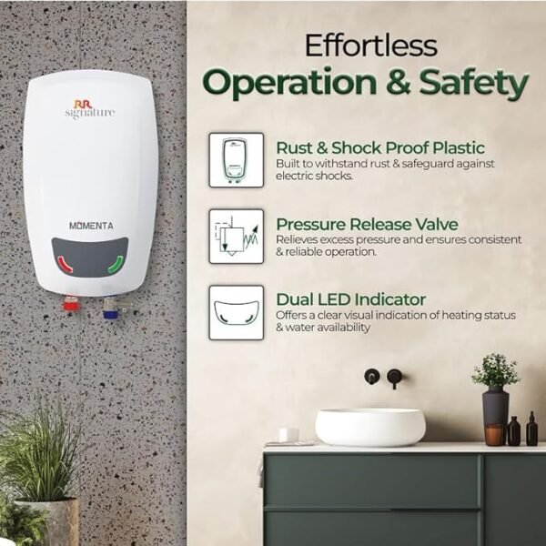 RR Signature Momenta Instant Geyser 3 Ltr with Whirflow Technology | 100% Copper Heating Element | Rust & Shock Proof Body | 2 Year Warranty on Product & 8 Year on Tank