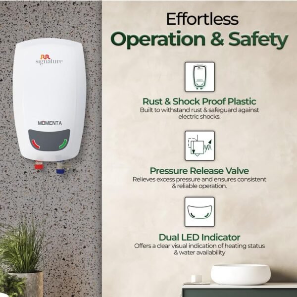 RR Signature Momenta Instant Geyser 3 Ltr with Whirflow Technology | 100% Copper Heating Element | Rust & Shock Proof Body | 2 Year Warranty on Product & 8 Year on Tank