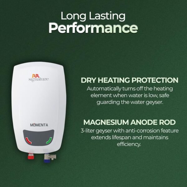 RR Signature Momenta Instant Geyser 3 Ltr with Whirflow Technology | 100% Copper Heating Element | Rust & Shock Proof Body | 2 Year Warranty on Product & 8 Year on Tank