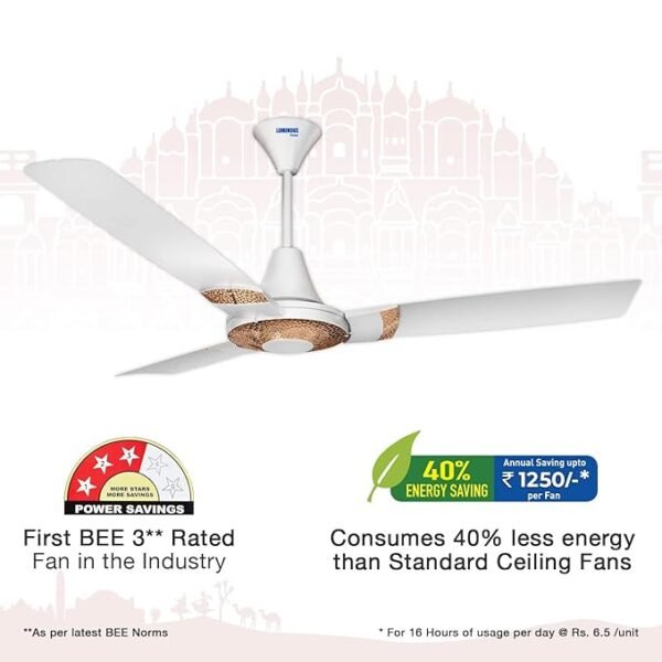 RR Signature Jaipur Tamra 1200mm Designer Ceiling Fan for Home and Office with BEE 3-Star Rating and 40% Energy Saving (2 Year Warranty, Makrana White)