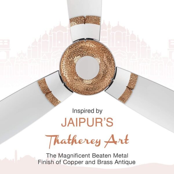 RR Signature Jaipur Tamra 1200mm Designer Ceiling Fan for Home and Office with BEE 3-Star Rating and 40% Energy Saving (2 Year Warranty, Makrana White)