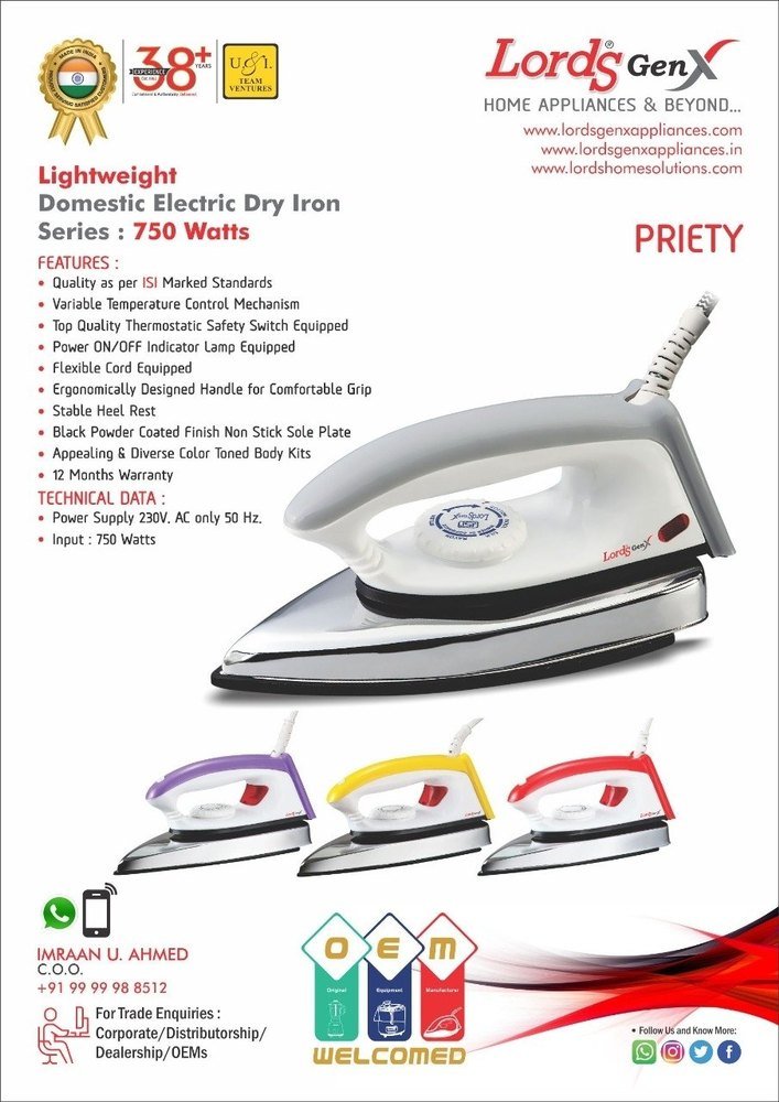 Lords 750 Dry Electric Iron Priety Stylo Lightweight