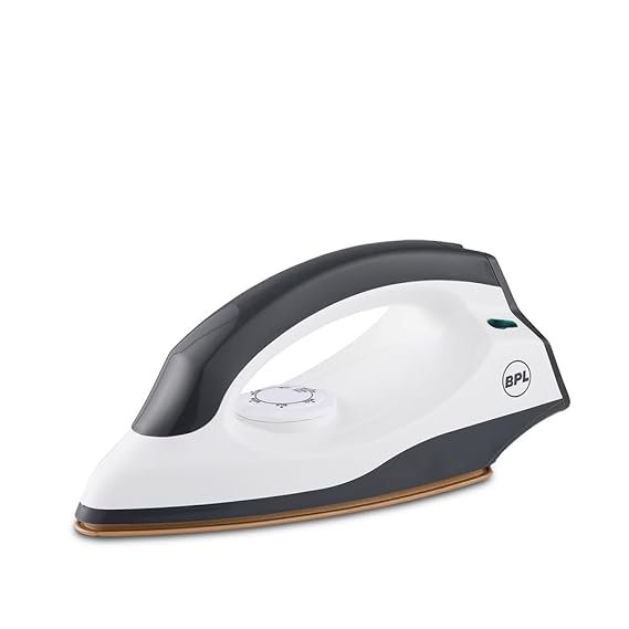 BPL 1000 Watts Dry Iron Heating Up Led Indicator Adjustable Temperature Control Dual Coated Sole Plate Flexible 360 Degree Swivel Cord ISI certified (Grey & White)