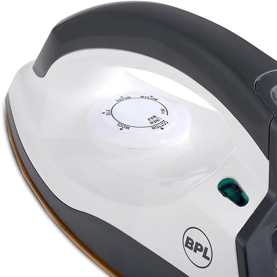 BPL 1000 Watts Dry Iron Heating Up Led Indicator Adjustable Temperature Control Dual Coated Sole Plate Flexible 360 Degree Swivel Cord ISI certified (Grey & White)
